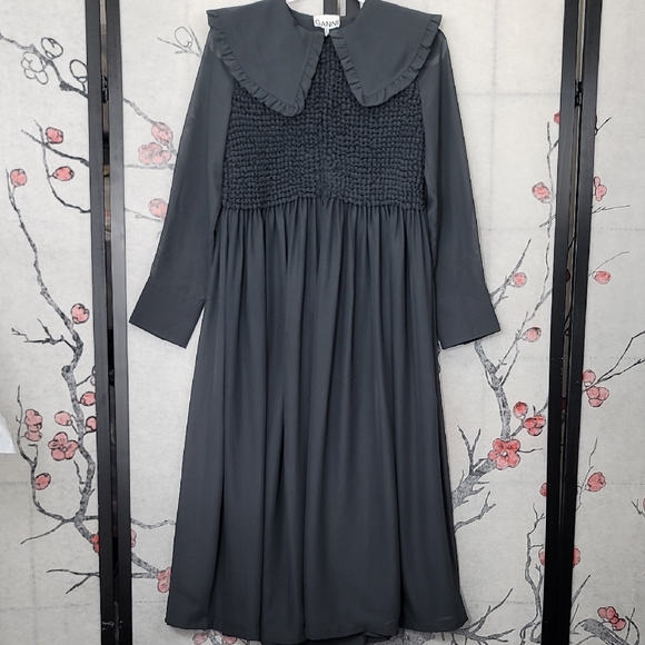 GANNI Ruffled-Collar Smocked Chiffon Dress Size 32 Or Size 0 - Picture 3 of 16
